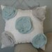 Stuffed Morning Dew Garden Rose Pillow in French Blue and Robin Egg Blue Linen