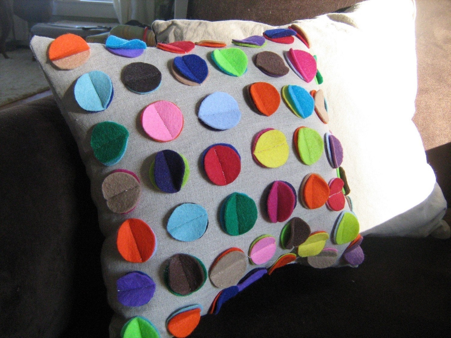 As SEEN in DIY Magazine- Rainbow Disc Pillow on Oatmeal Linen