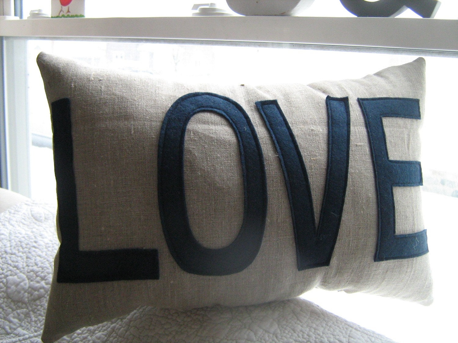 Love Pillow in Oatmeal Linen and Navy Felt