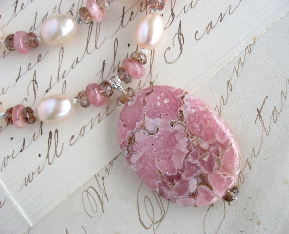 Rhodochrosite, andalusite, and pearl handmade necklace