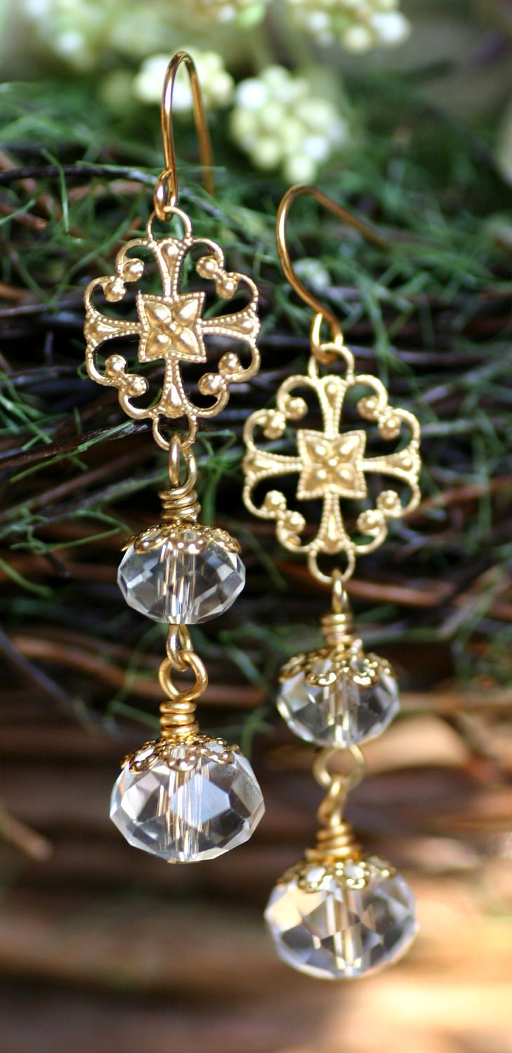 Bridal Crystal and Gold Dangle Earrings