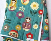Matryoshkas Baby QUILT - Baby Bedding - Nesting Dolls on Turquoise Blue with Organic Cotton (Ready To Ship)