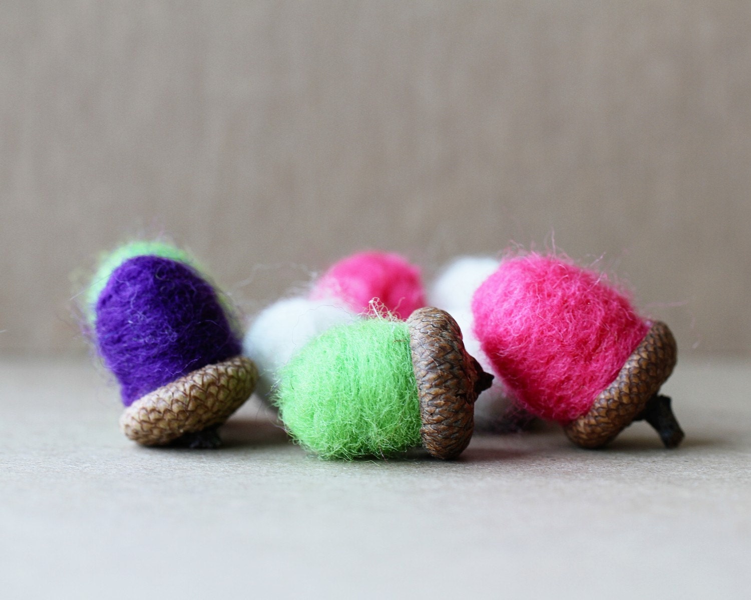 neon ACORNS felted set of 12 / pop art wool decor and eco friendly hostess favours in hot pink, lime green, purple and white