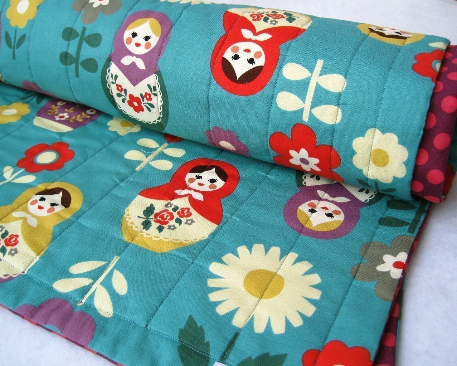 As Seen in Pregnancy & Newborn Magazine - Matryoshkas Baby Quilt - Turquoise Blue Dolls Bedding with Organic Cotton (Ready to Ship)