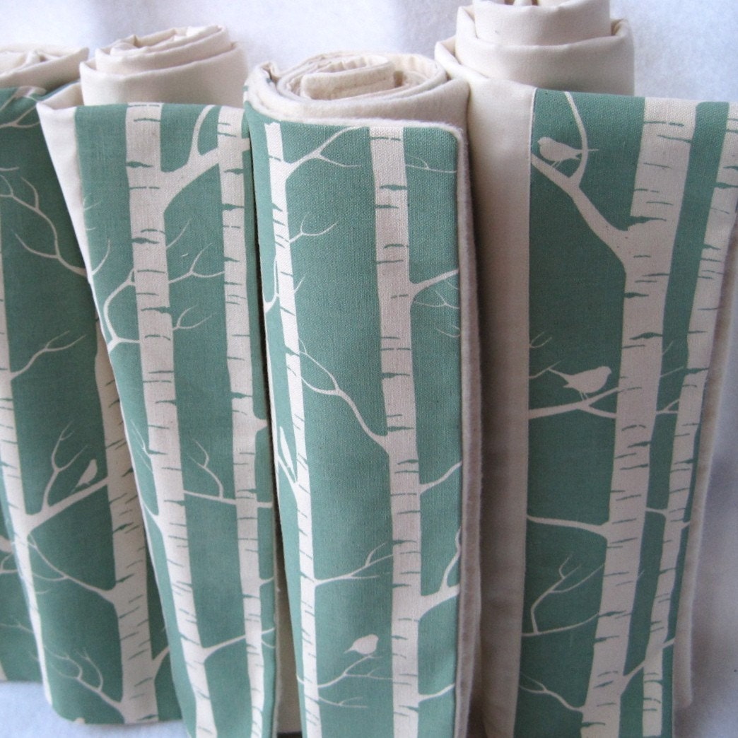Organic BABY Blanket - Woodland Birch Trees Eco Friendly Bedding - Unisex Blanket with Applique of Light Aqua Blue Birds (Ready to Ship)