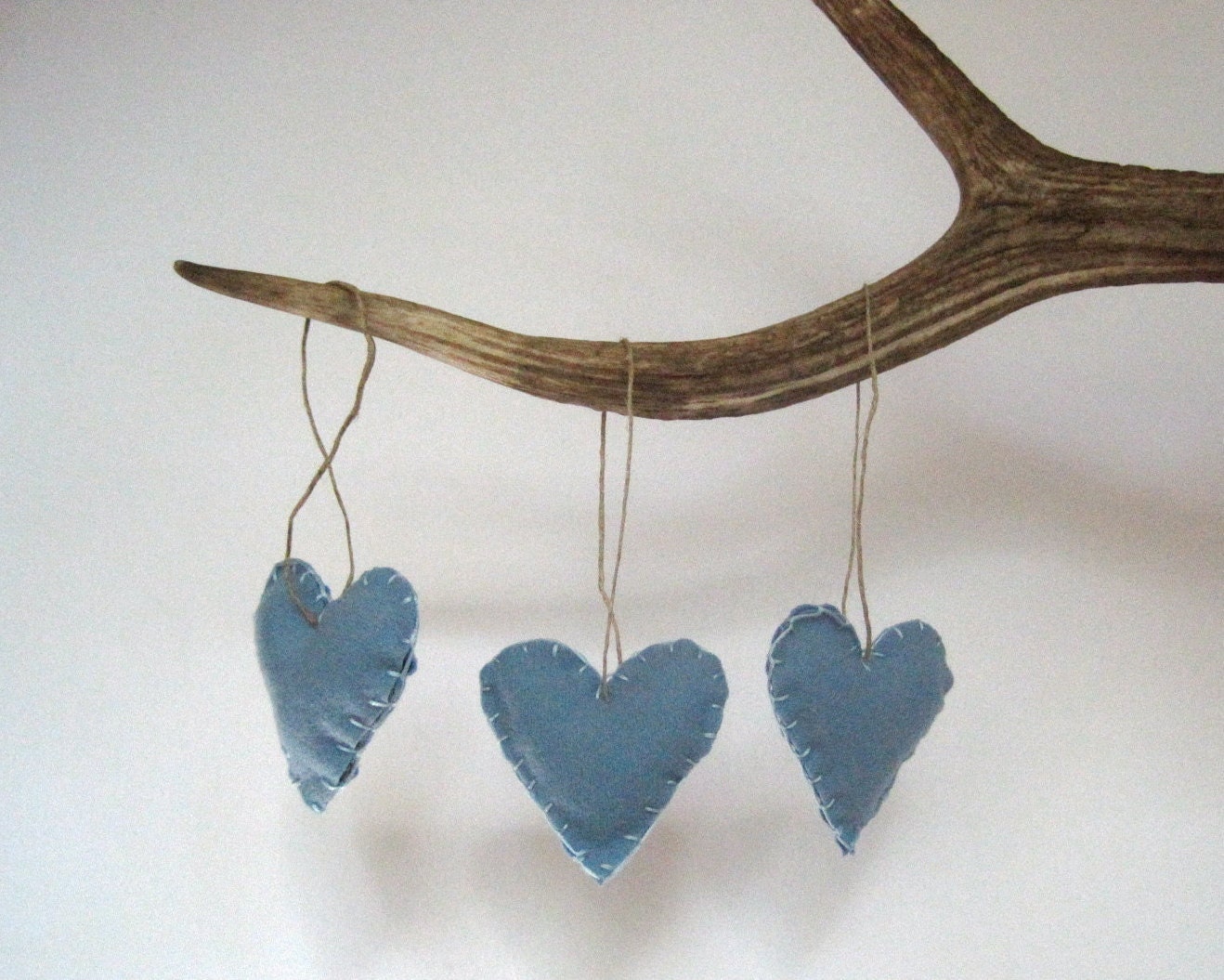 christmas tree ornaments heart felts set of 3 / whisper blue eco friendly upcycled wool love (Ready to Ship)