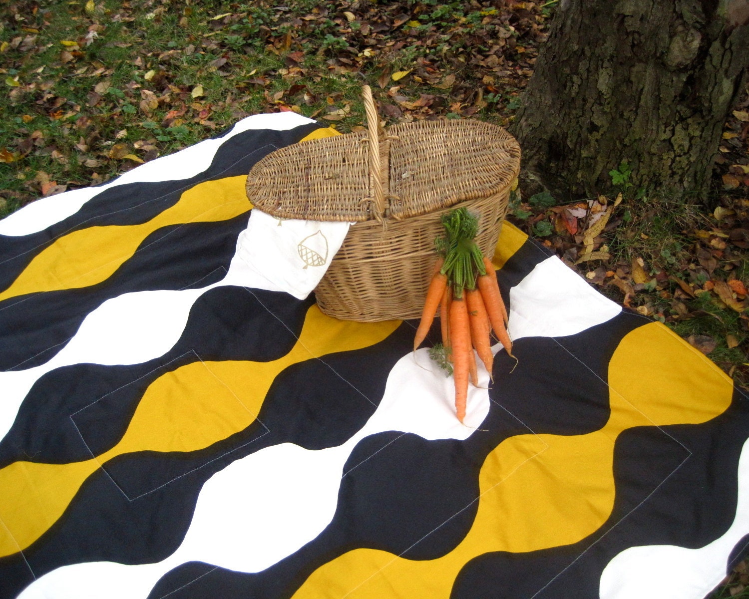 AS SEEN in American Craft Magazine - Marimekko Picnic Blanket - Black Gold Geometric - Quilted Summer Outdoors Blanket (Ready to Ship)