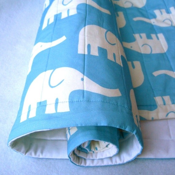 ORGANIC baby quilt / modern turquoise blue elephants crib bedding quilted blanket