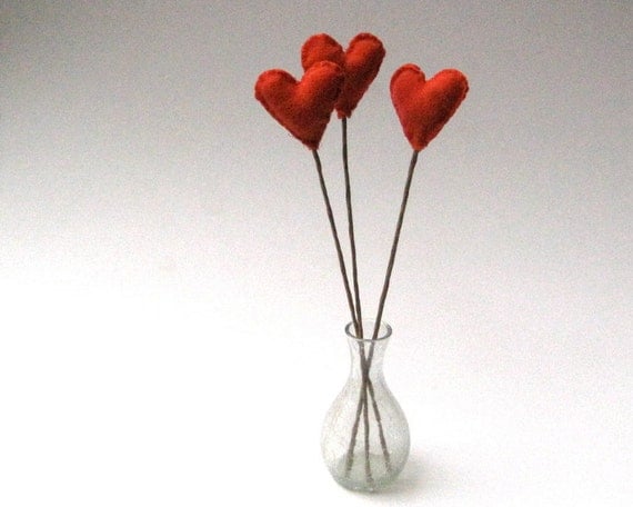 Pumpkin Orange Hearts Stems - Felted Wool Fall Table Decor SET of 3  - Eco Friendly Autumn Decorations