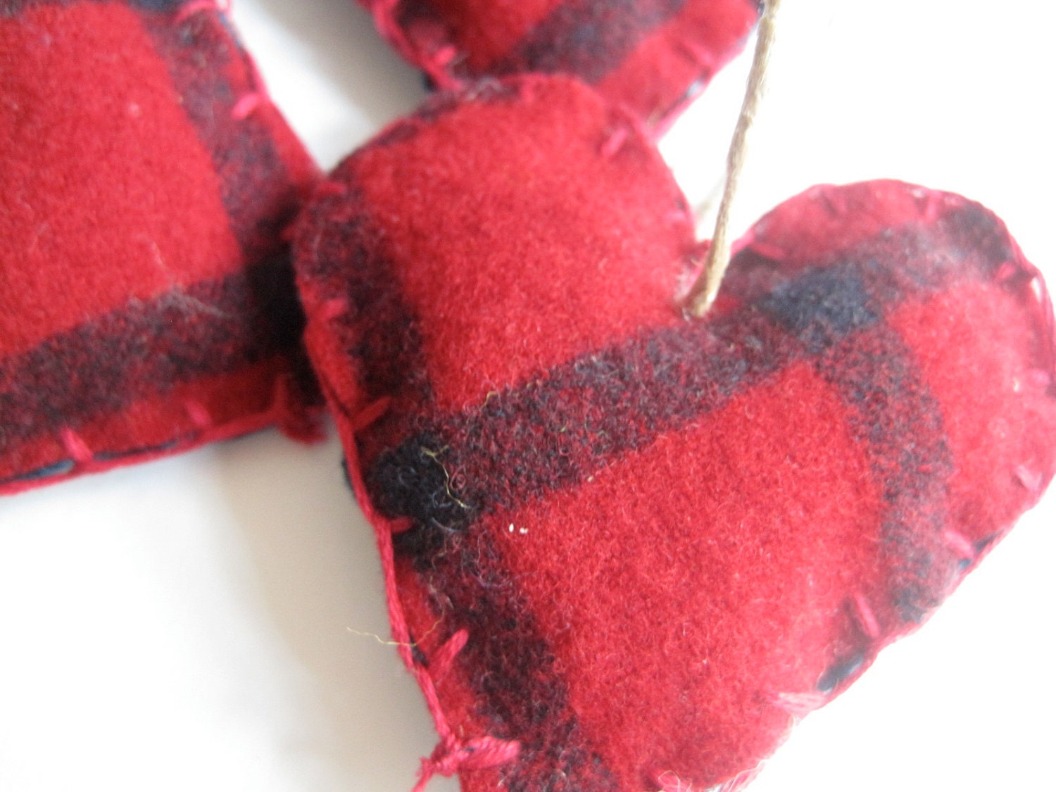 Lumberjack Heart Felts SET of 5 - Wool Heart Ornaments in Red Plaid - Eco friendly Love