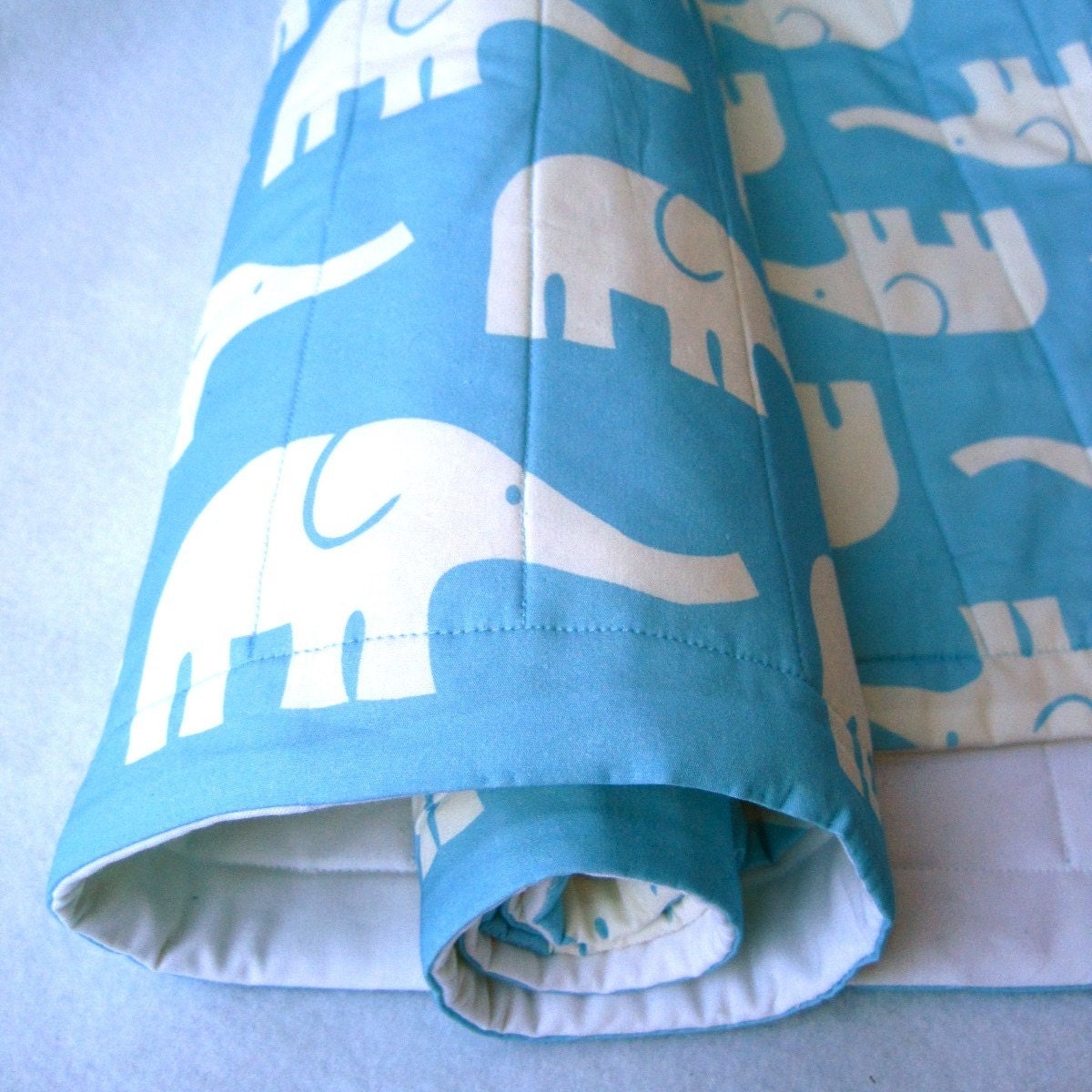 ORGANIC baby quilt / modern turquoise blue elephants crib bedding quilted blanket