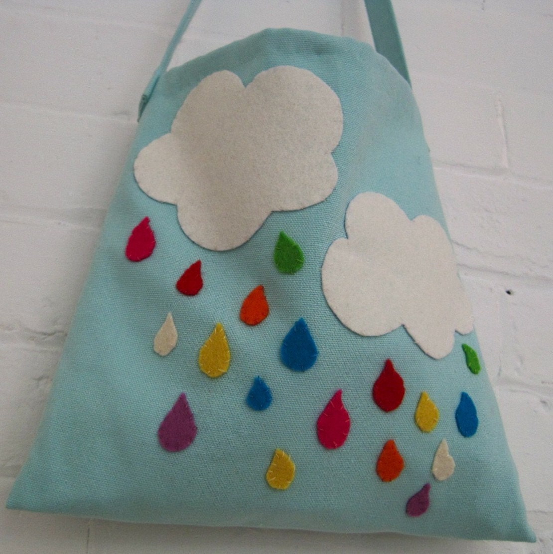 kids messenger bag rainbow rain drops / hand sewn eco friendly accessory for children