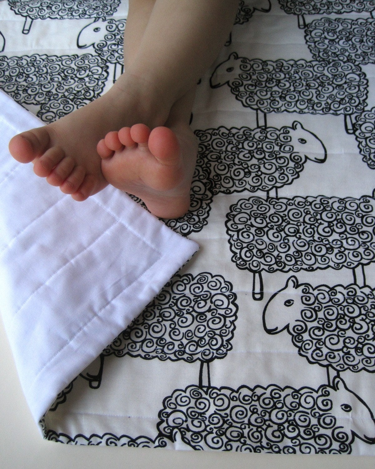 sheep organic baby quilt with black white lambs / handmade eco friendly (limited edition)