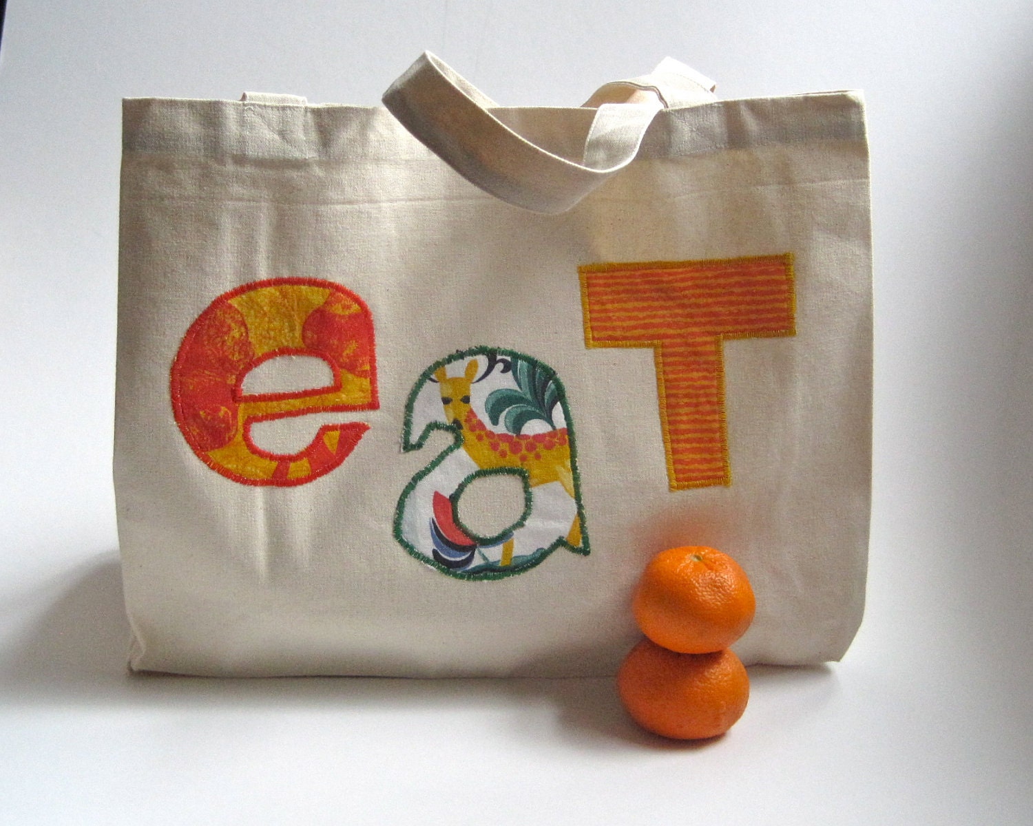 Organic Tote Bag for the Market in orange / eco friendly summer food bag with fabric letters (ONLY 1 - ready to ship)