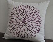 Amelie Throw Pillow Cover- 18" x 18" Decorative Pillow Cover - Oatmeal Linen with Deep Purple Flower - Embroidered PIllow Cover