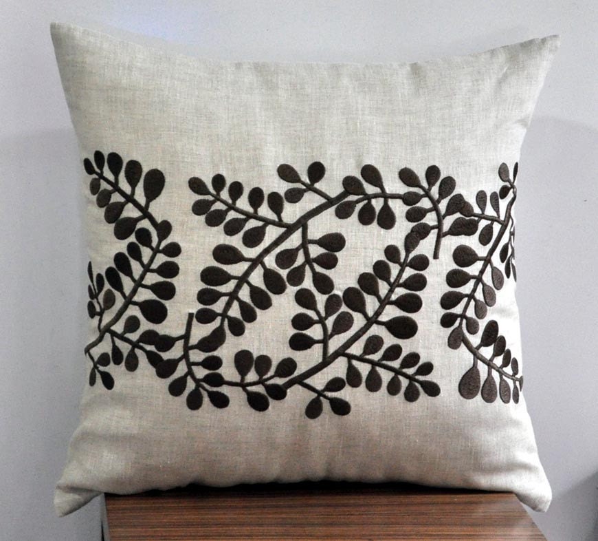 Row of Leaves Throw Pillow Cover -18" x 18" Decorative Pillow Cover - Linen Pillow Cover with  Brown Leaves - Embroidered Accent Pillow