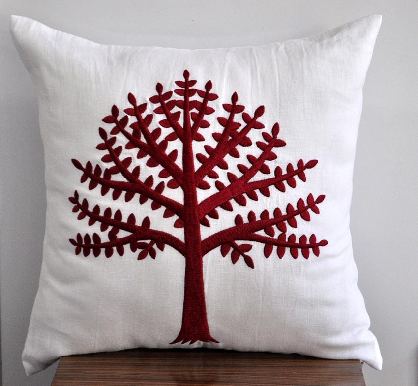 Red Throw Pillow Cover, White Accent Pillow, Red Tree Embroidery, Linen Pillow, Decor Pillow Case, Decorative Pillow 18 x 18, Toss Pillow