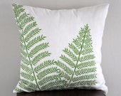 Green Fern Pillow Cover, 18 x 18 Throw Pillow Cover, Fern Embroidery on Cream Linen PIllow Cover, Fern Pillow Case, Pillow Accent Green