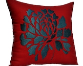 Blue Red Dahlia Pillow Cover, Decorative Throw Pillow Cover 18 x 18, Red Linen with Dark Blue Gray Floral Embroidery, Red Accent Pillow