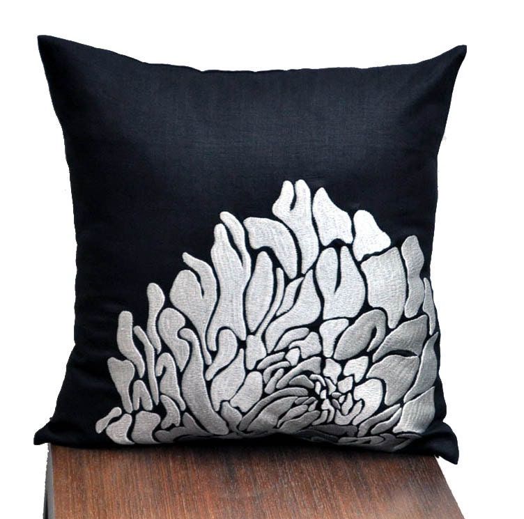Silver Throw Pillow Cover, Black Linen Silver Flower Embroidery, Pillow Accent Black, Decorative Pillow Cover 18 x 18, Embroidered Cushion