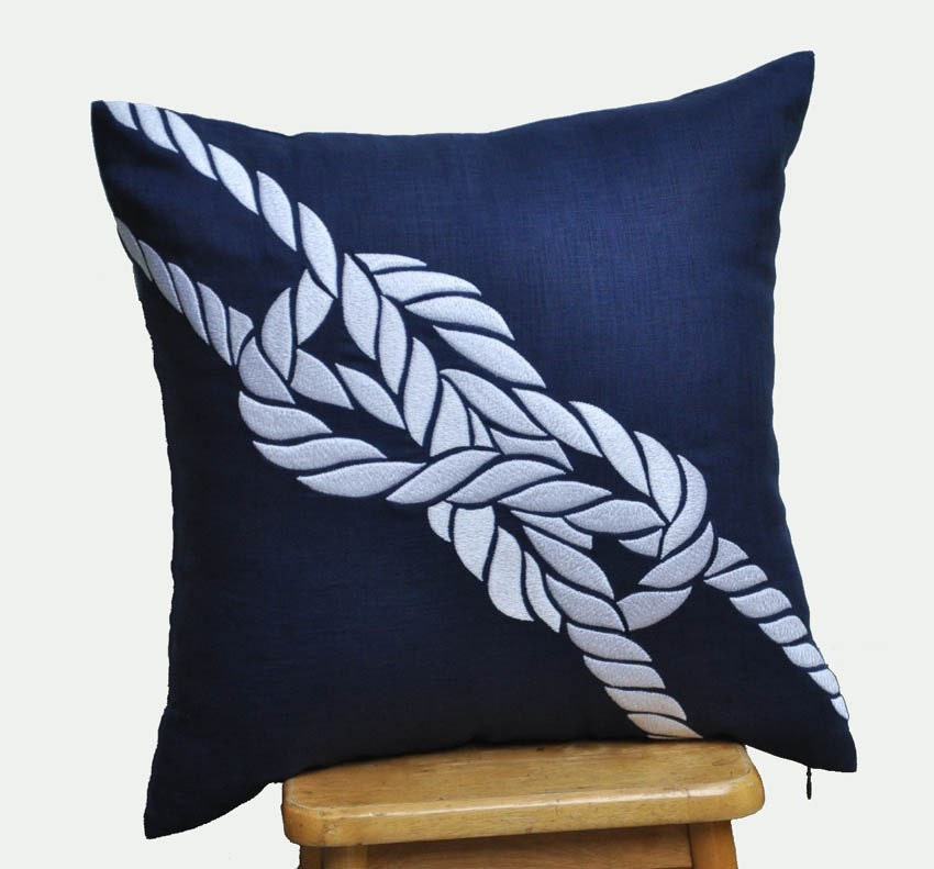 Knots Throw Pillow Cover, Decorative Pillow Cover, Navy Blue Linen with White Rope, Nautical Cushion, Navy Pillow, 18 x 18 Pillow Case