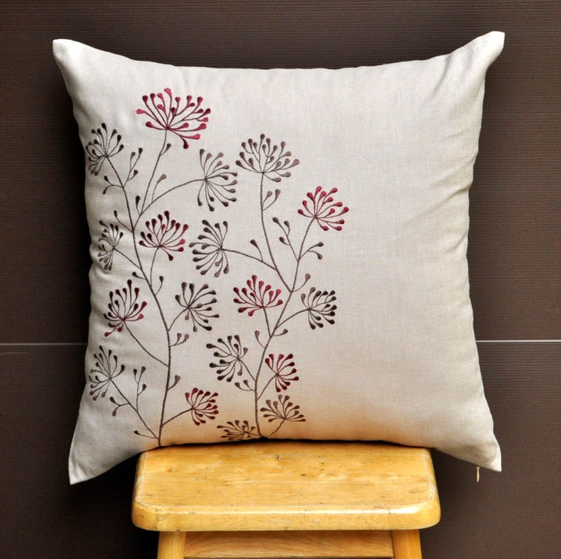 Red Ixora Throw Pillow Cover 18 x18, Embroidered Decorative Pillow, Red Brown Floral on Light Dessert Sand Linen Pillow, Pillow Accent
