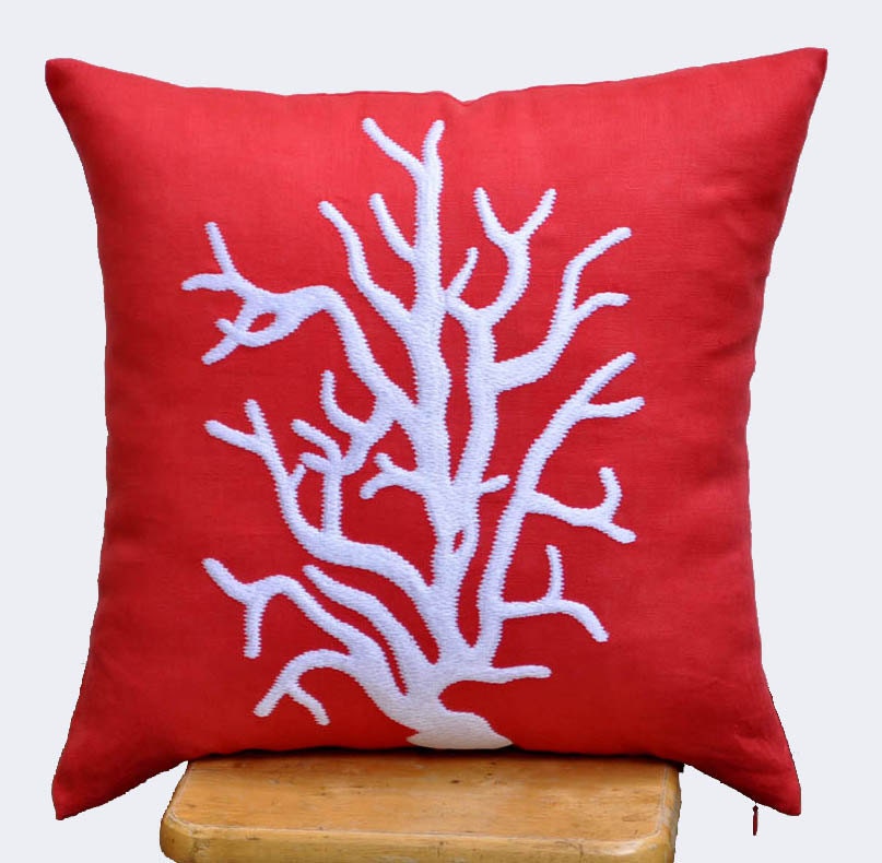 Reef Embroidered Decorative  Pillow Cover, Red Orange throw pillow cover 18 x 18, White nautical reef pillow cases, Cushion Cover