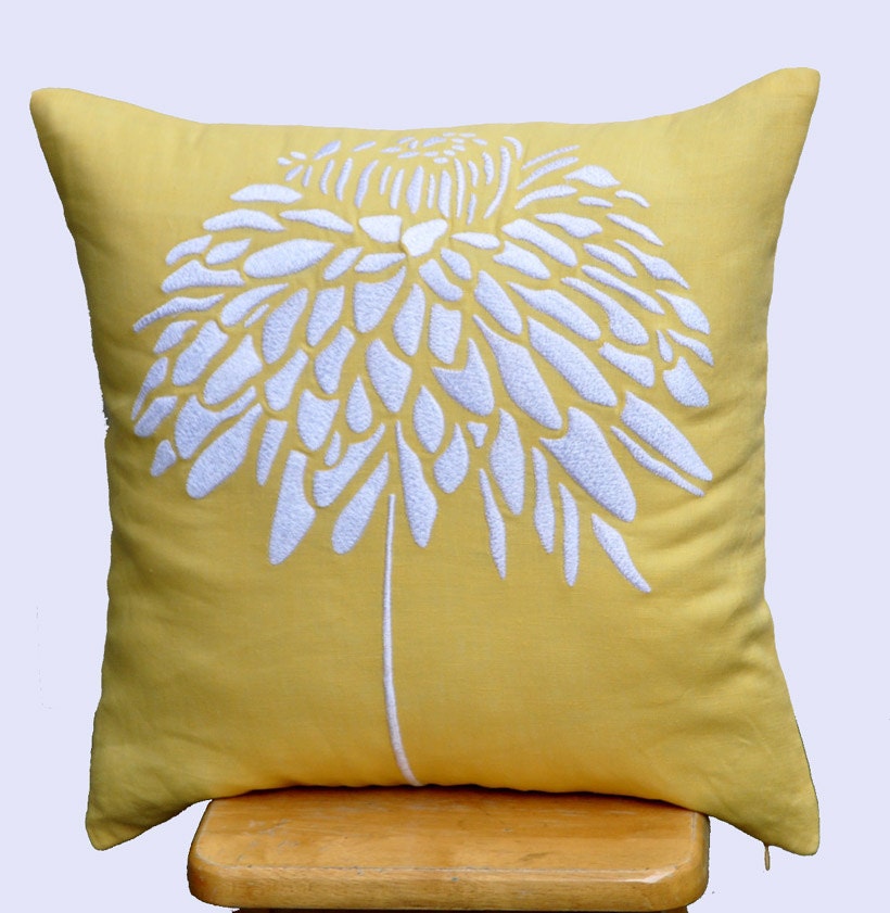 White Peony Flower Pillow Cover, Embroidered Throw Pillow Cover 18 x 18, Yellow Cushion Cover, Accent Pillow, Pillow for Couch, Linen Pillow