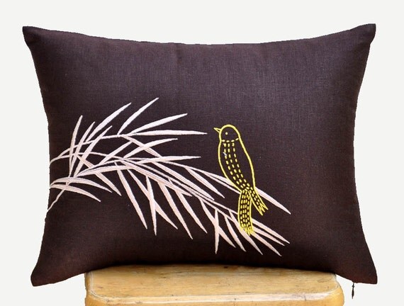 Bird on Bamboo Lumbar Pillow Cove, Decorative Pillow Cover, Dark Brown Linen with Bird Embroidery, Bird Cushion, Pillow Case 12 x 16
