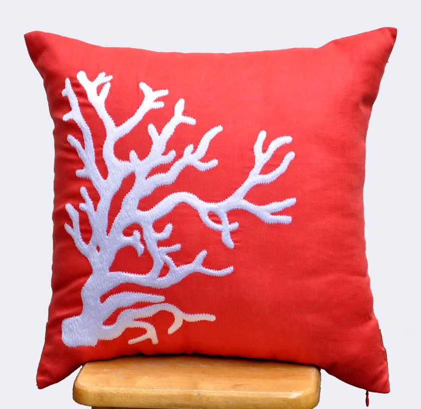 Coral Decorative Pillow Cover, 18 x 18 throw pillow cover, white coral cushion, orange accent pillow, nautical pillow, linen pillow