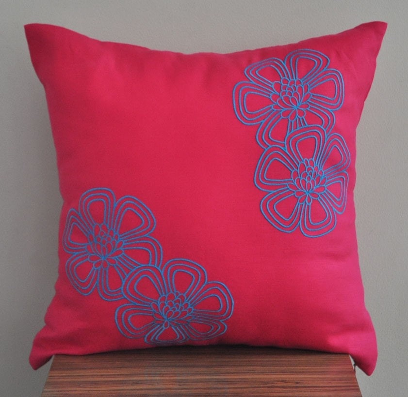 Pink Pillow Cover, Decorative Throw Pillow Cover, Fuchsia Pink Linen Blue Floral Embroidery, Pillow Case 18x 8, Cushion Cover, Toss Pillow