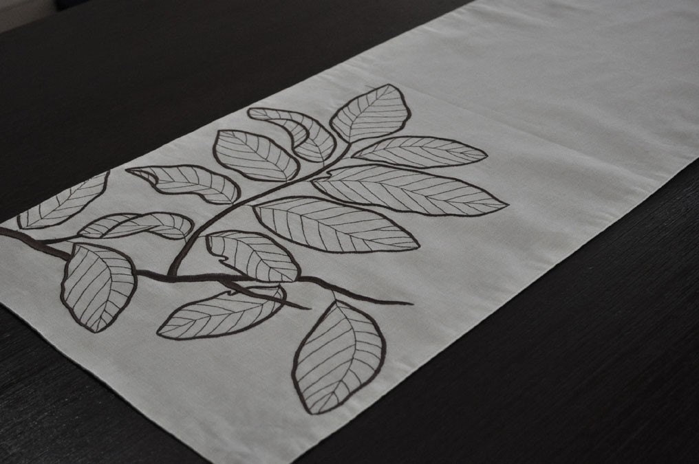 Leaves Branch Table Runner, Linen Table Runner 14" x 64", Oatmeal Linen Dark Brown Botanical Embroidery. Long Table Runner, Table Linen