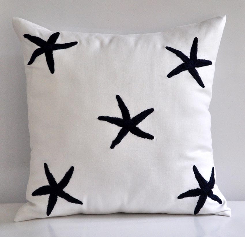 Navy Blue Starfish Throw Pillow Cover, Decorative Pillow Cover, White Linen Navy Blue Starfish, Pillow Case 18 x 18, Beach Cushion Cover