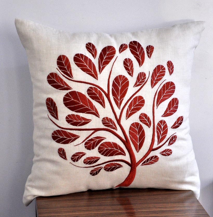 Peacock  Pillow Cover, Orange Peacock on Beige Pillow, Linen Embroidered Pillow, Decorative Throw Pillow Cover 18 x 18, Accent Pillow Orange