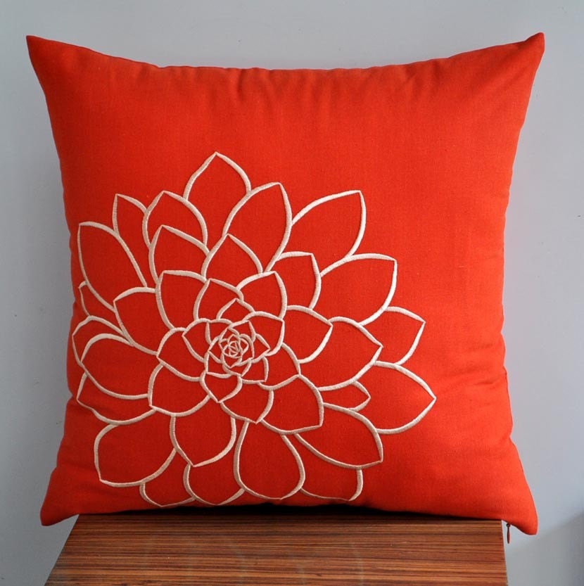 Orange Succulent Throw Pillow Cover, Decorative Pillow Cover, Orange Pillow Beige Succulent, Pillow Case 18 x 18, Embroidered