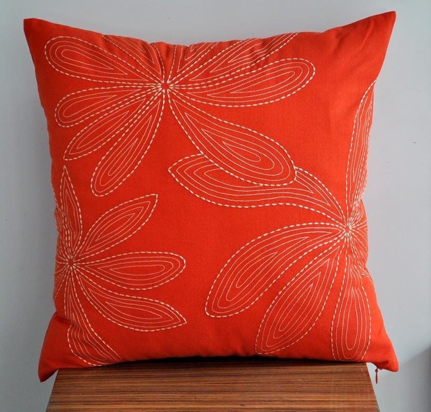 Orange Throw Pillow Cover, 18x 18 Pillow Cover, Orange Linen Beige Leaves Pillow. Accent Pillow Cover, Decorative, Cushion Cover