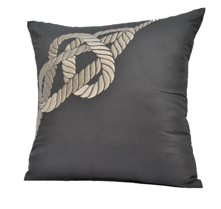 Nautical Pillow Cover, Cream Rope on Gray Pillow, Decorative Throw Pillow Cover, Linen Pillow, 18 x 18 pillow cover square, Sofa Pillow