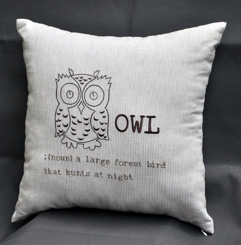 Brown Striped Pillow Cover, Owl Decorative Pillow Cover, Brown Owl Embroidery on Brown Striped Pillow, Pillow Case 18 x 18, Striped Cushion