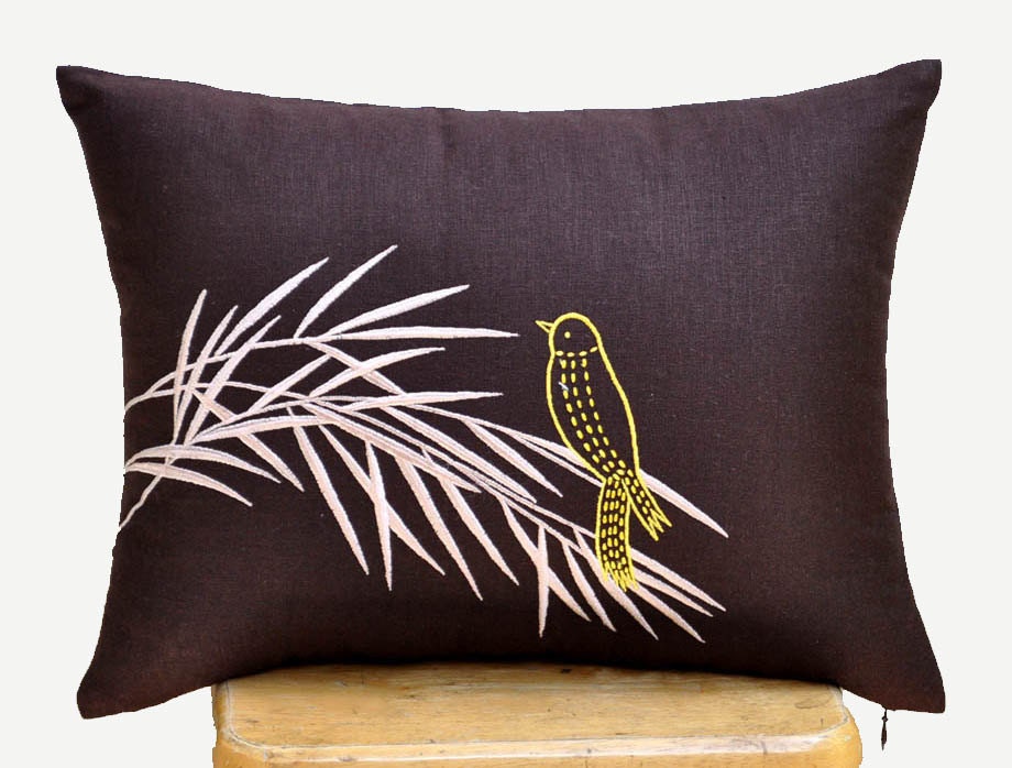 Bird on Bamboo Lumbar Pillow Cove, Decorative Pillow Cover, Dark Brown Linen with Bird Embroidery, Bird Cushion, Pillow Case 12 x 16