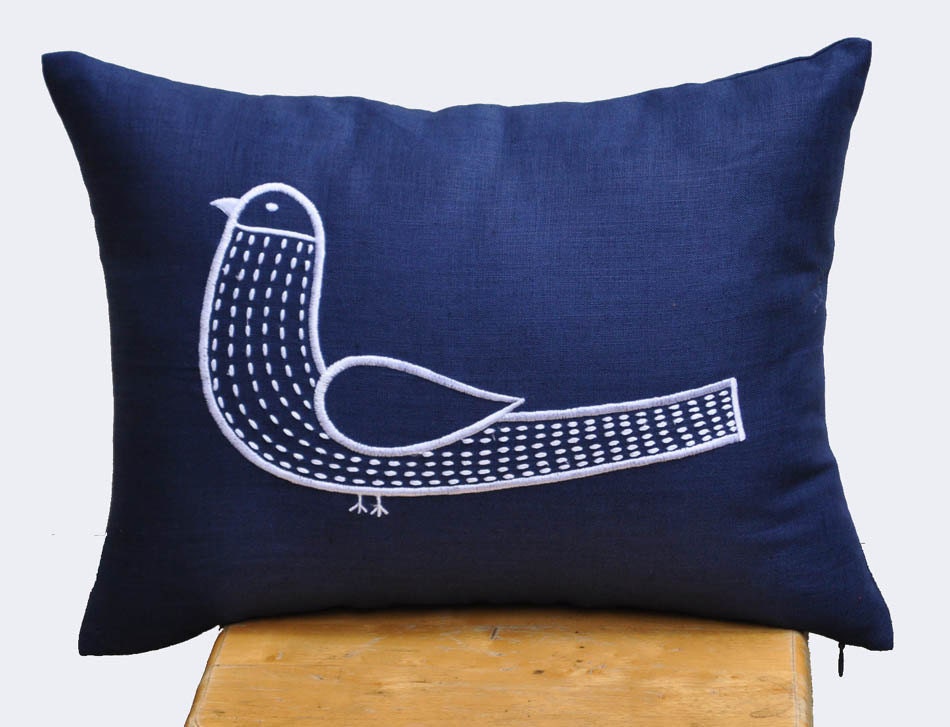 Birdie Lumbar Pillow Cover, Navy Decorative Pillow Cover 12 x 16, White Bird Embroidery on Navy Blue Pillow, Modern Pillow, Bird Cushion
