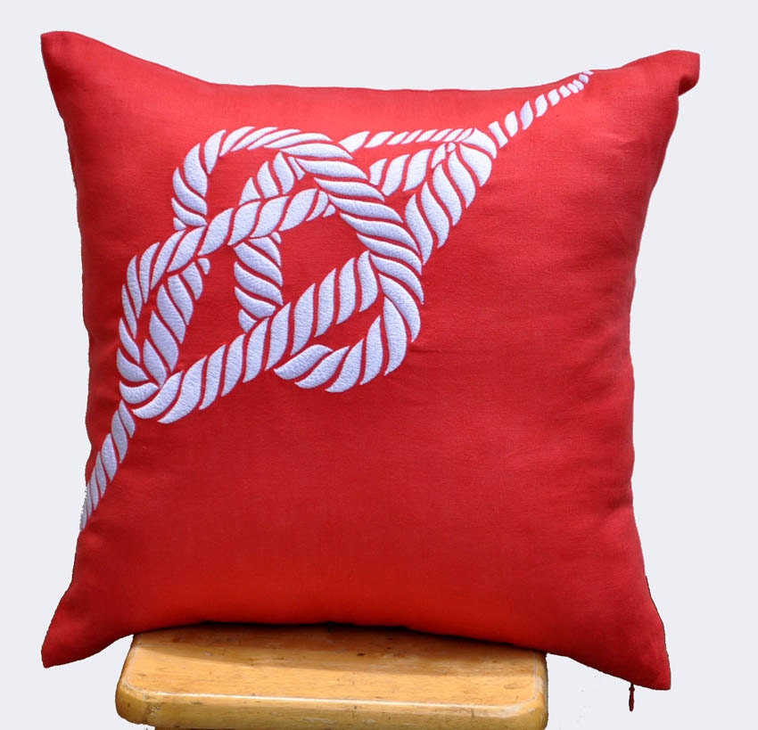 Nautical Rope Decorative Pillow Cover, Throw Pillow Cover 18 x 18, White Rope on Red Orange Linen Pillow, Cushion Cover, Orange Pillow Cover