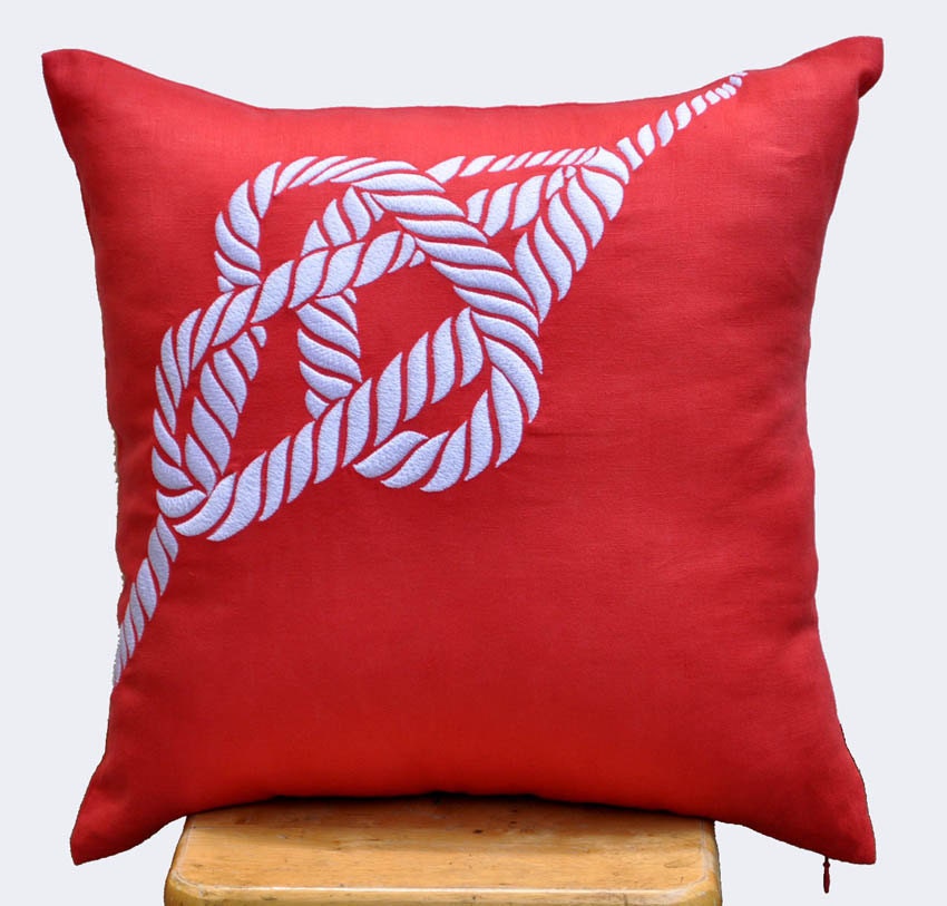 Nautical Rope Decorative Pillow Cover, Throw Pillow Cover 18 x 18, White Rope on Red Orange Linen Pillow, Cushion Cover, Orange Pillow Cover