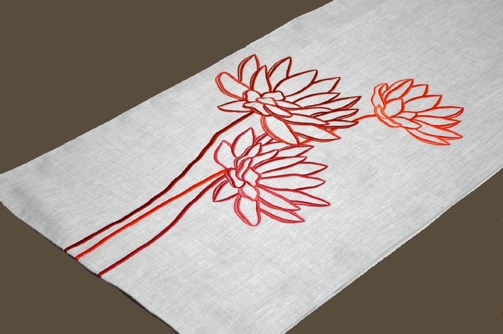 Lotus Table Runner, Embroidered Table Runner 14' x 64", Orange Flower on Linen Table Runner, Long Table Runner, Orange Table Linen
