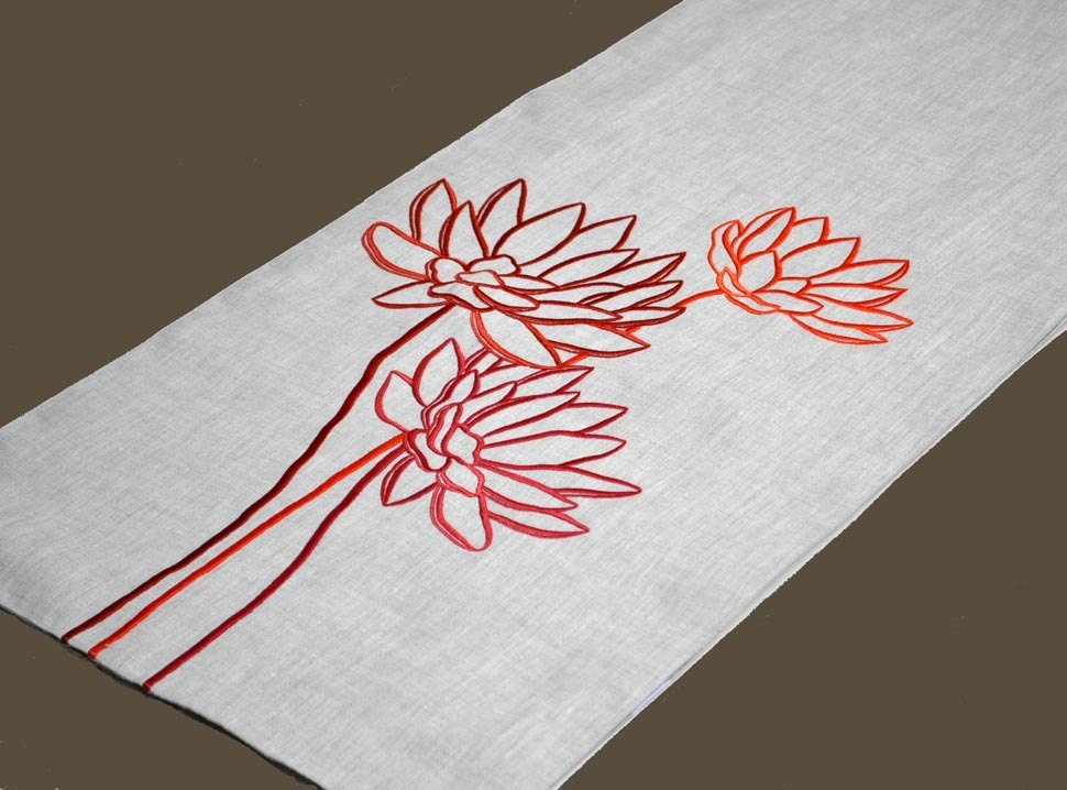Lotus Table Runner, Embroidered Table Runner 14' x 64", Orange Flower on Linen Table Runner, Long Table Runner, Orange Table Linen