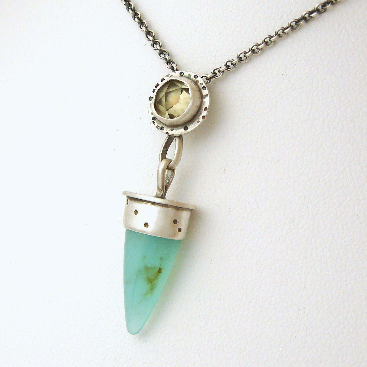 Handmade Blue Opal and Silver Necklace Lemon Quartz - Peruvian Blue Opal Necklace - Sea Sun Sand Beach- Arrow - Textured Silver
