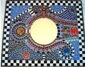 Abstract Mosaic Wall Mirror Red, Blue with Black and White Accents, Broken Dish Mosaic