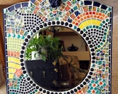 Framed Broken Dish Mosaic Wall Mirror, Cobalt Blue, Yellow, Orange, Wall Decor, Mosaics, Home Decor