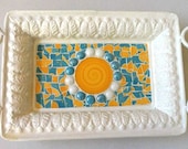 White Metal Mosaic Tray in  Sunny Yellow and Ocean Blue, Mosaics, Broken Dish