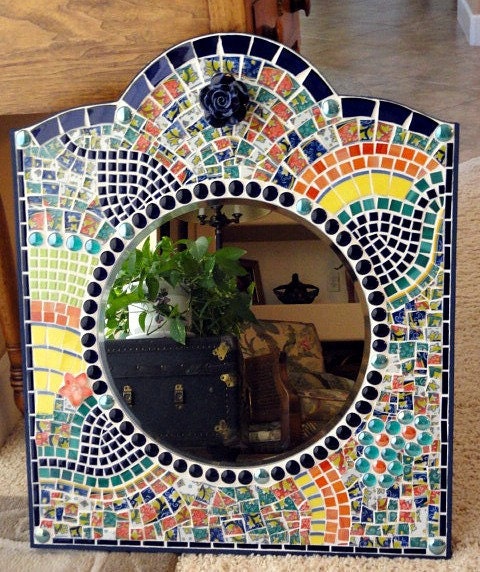Framed Broken Dish Mosaic Wall Mirror, Cobalt Blue, Yellow, Orange, Wall Decor, Mosaics, Home Decor