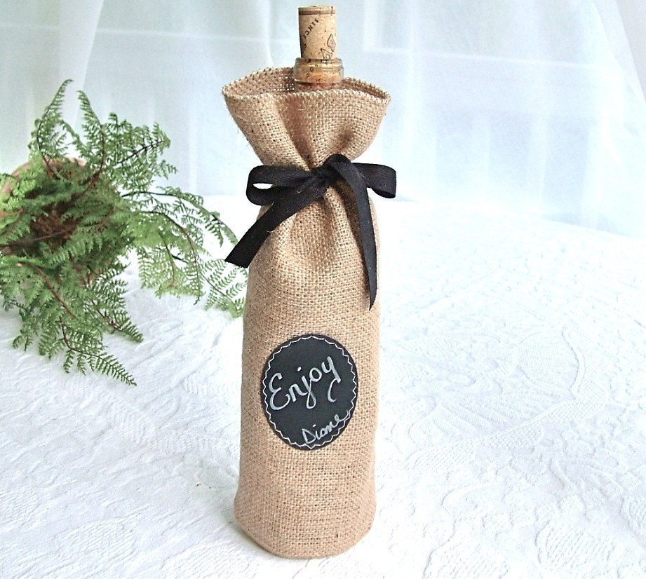 Jute Wine Bottle Gift Bag with Chalk Cloth Label to Customize